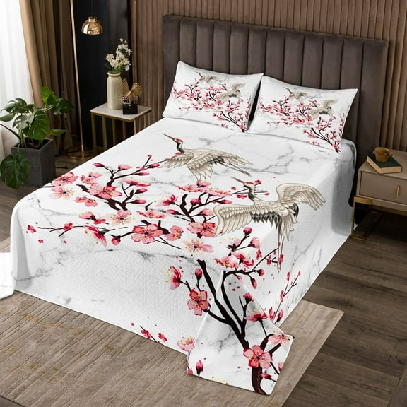 Erosebridal Japanese Style Bedspread Queen Size Chic Cherry Blossoms Quilt Set, Grey White Marble Coverlet Set Oriental Exotic Style Bedding Set, Wild Crane Bed Cover with 2 Pillowcase