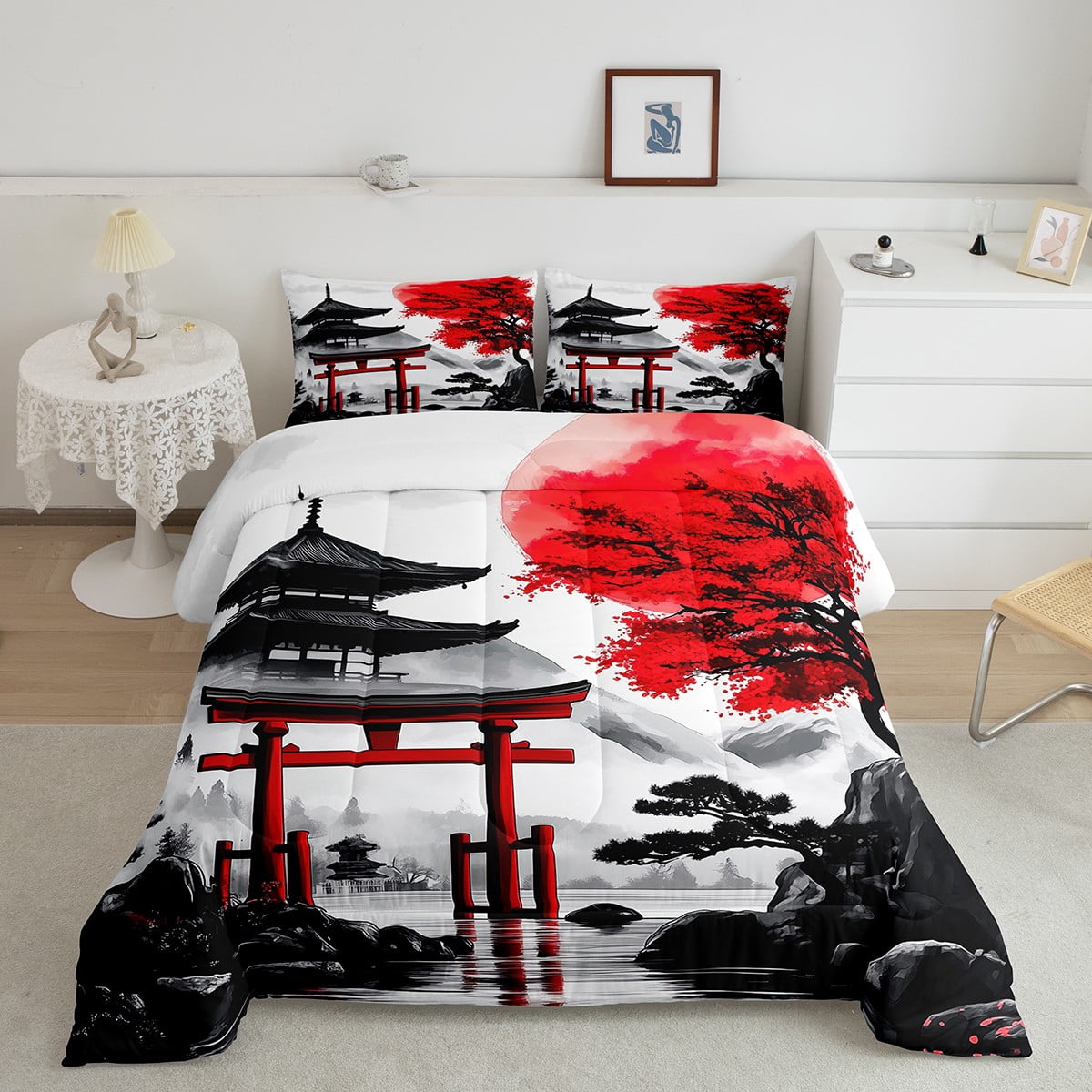 Erosebridal Japanese-Style Comforter Sets King Size, Red Maple Tree ...