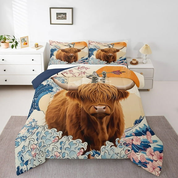 Erosebridal Japanese Style Twin Size Comforter Set Fun Cat Highland Cow Bedding Set , Sea Ocean Wave Down Comforter Kawaii Kitten Bed Set, Chic Cherry Blossoms Quilted Duvet