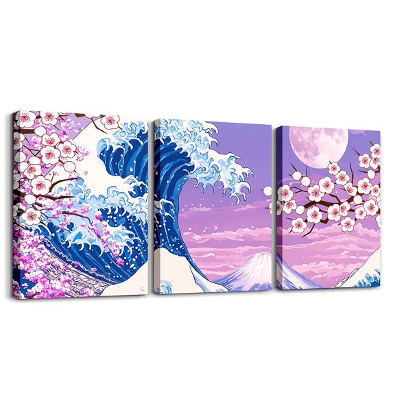 Erosebridal Japanese Wave Canvas Wall Art for Living Room Bedroom 12"x16"x 3Pcs Cherry Blossoms Picture Wall Decor Fuji Mountain Pattern Bathroom Wall Art for Home Decor Japanese-Style Wall Painting