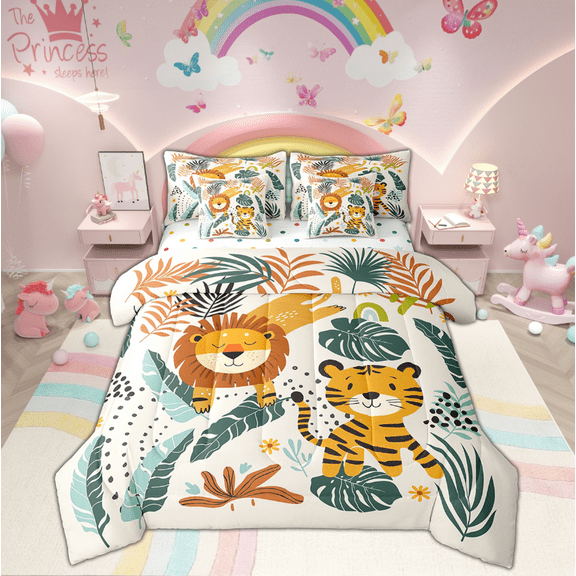 Erosebridal Jungle Animals Bed In A Bag 7 Pieces Cute Wildlife Bedding Set, Tropical Palm Leaves Full Size Comforter Set Tiger Lion Bedding Comforter Sets, Bed Set With Flat Fitted Sheet Pillowcase