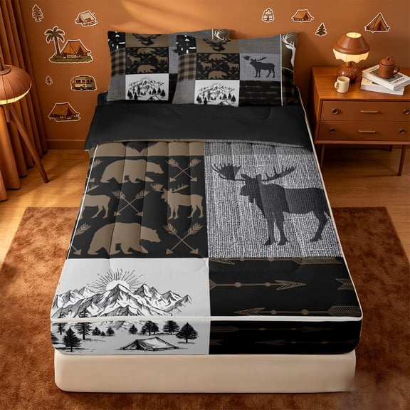 Erosebridal Jungle Animals Moose Zipper Twin Comforter Sets with Fitted Sheet and 2 Pillowcases,Cabin Adventure Print Zipper Bedding Set For Boys,Black Reversible,4-Piece