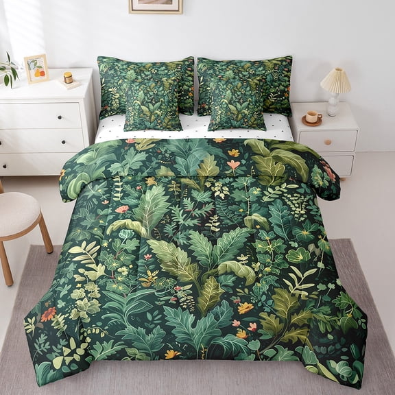 Erosebridal Jungle Botanical Bedding Sets King Size, Leaf Plant Comforter Sets with Sheets, Green Leaves Reversible Bed Set, Microfiber Bedroom Decor, 7-Piece