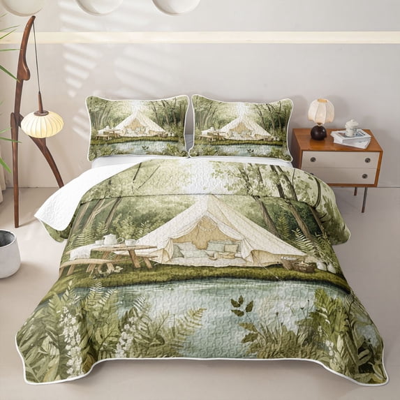 Erosebridal Jungle Camping Tent Twin Quilt Set for Teens Boys Girls,Rustic Lake Life Twin Coverlet Set