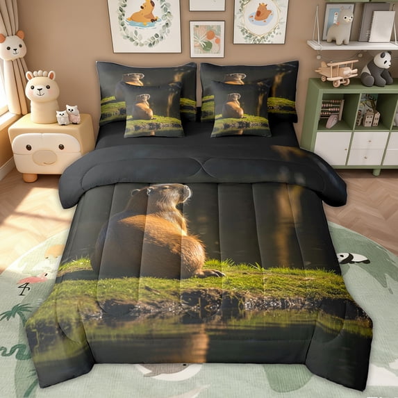 Erosebridal Jungle Capybara Kid Bedding Comforter Set, Rustic Animal Queen Bedding Sets, 7 Pieces