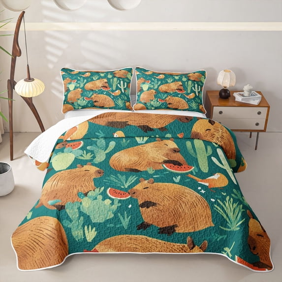 Erosebridal Jungle Capybara Twin Quilt Set, Green Western Cactus Twin Coverlet Set, 2 Pieces