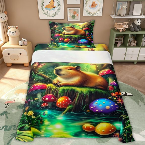 Erosebridal Jungle Capybara Twin Sheet Sets for Kids, Mushroom Plant Bedding, Green Gold, 3pcs