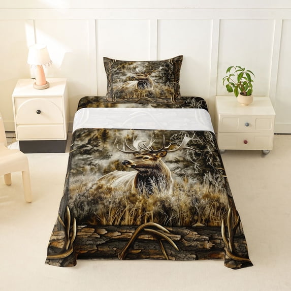 Erosebridal Jungle Deer Elk Twin Sheet Sets for Kid, Rustic Farmhouse Bedding, 3pcs