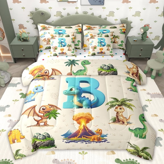 Erosebridal Jungle Dinosaur Twin Bedding Sets, Blue Initial B Letter Bedding Comforter Set for Kids Girls Boys, Polka Dots Reversible, 7pcs