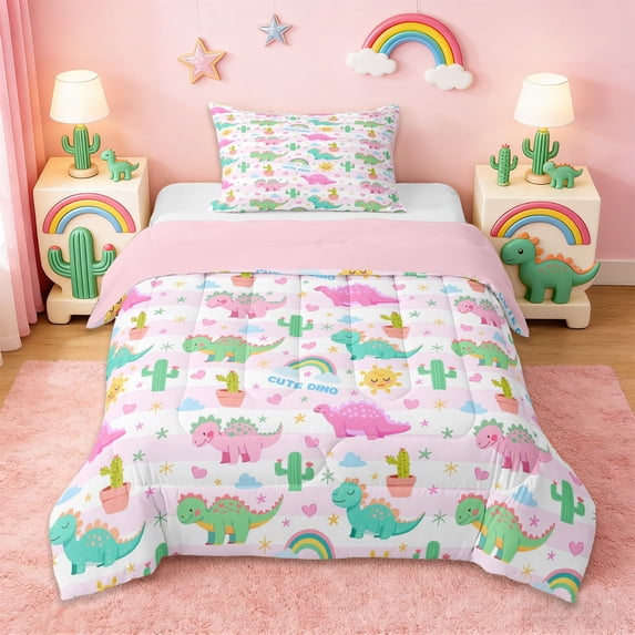 Erosebridal Jungle Dinosaur Twin Comforter Sets For Girls,Safari Lovely Cute Animals Bedding Set For Dino Lovers, Reversible 2 Pieces