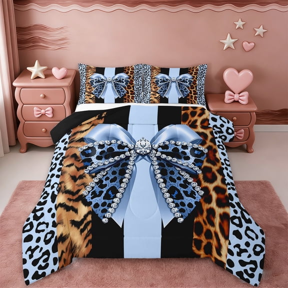 Erosebridal Jungle Leopard Printed Queen Comforter Set,Blue Cheetah Pattern Bowknot Bedding Comforter Set For Kids,Reversible black,3-Piece
