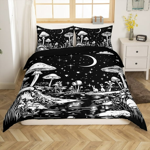 Erosebridal Jungle Mushroom Duvet Cover Twin, Black White Bedding Sets Twin Size, Mystic Galaxy Decor, Reversible（No Comforter）