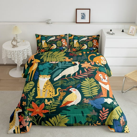 Erosebridal Jungle Tiger Bedding Full Comforter Set, Woodland Animal Down Comforter, Palm Floral Decor, 3-Piece