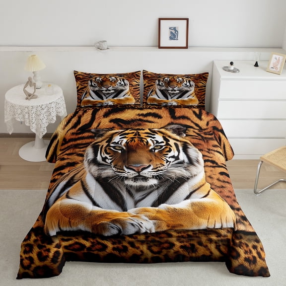 Erosebridal Jungle Tiger Bedding Sets Full with Comforter, Wildlife Print Duvet Insert, Brown Animal Comforter Sets Full Size, Microfiber Bedroom Decorative, 3pcs