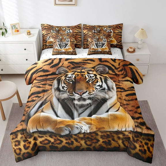 Erosebridal Jungle Tiger Bedding Sets Twin Size, Wildlife Print Comforter Sets with Sheets, Brown Animal Bedding Accessories, Microfiber Bedroom Decorative, Reversible 7pcs
