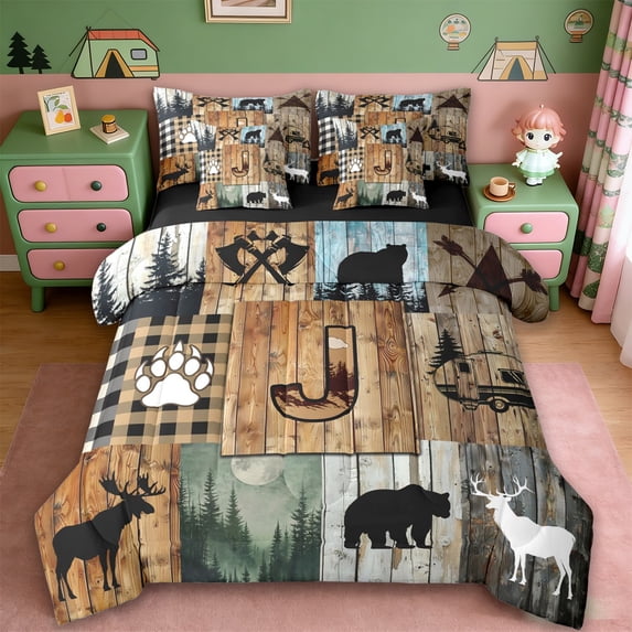 Erosebridal Jungle Wildlife Bear Boys 7-Piece Bedding Comforter Set,Rustic Cabin Camper Monogrammed J King Bedding Sets For Kids,Reversible black