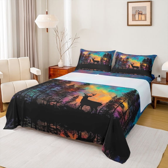 Erosebridal Jungle Wildlife Deer Bed Sheets,Rustic Farmhouse Hunting King Sheets For Men Women 4pcs