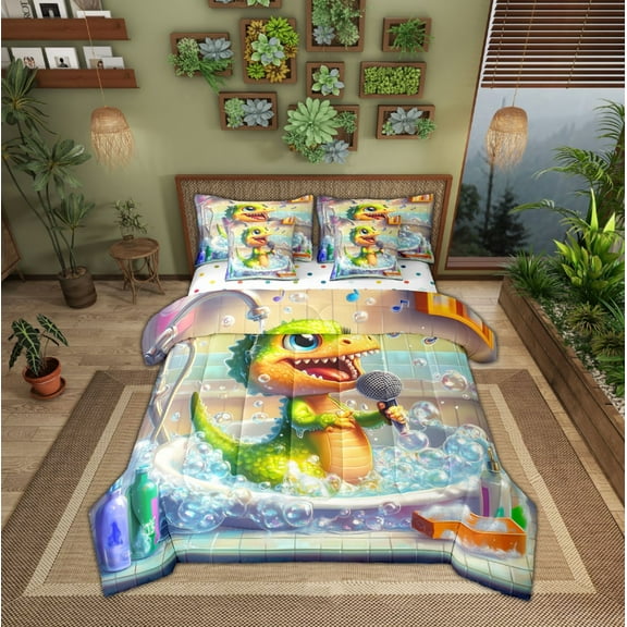 Erosebridal Kawaii Alligator Bedding Sets Twin Size,Cartoon Bubble Comforter Sets with Sheets,Microfiber Reversible Bed in a Bag Twin size,Animal Decoration,7pcs