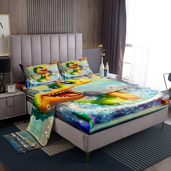 Erosebridal Kawaii Alligator Sheet Set Twin,Cartoon Bubble Bedding Sets Twin Size,Microfiber Bed Sheets Twin,Animal Decoration,3pcs