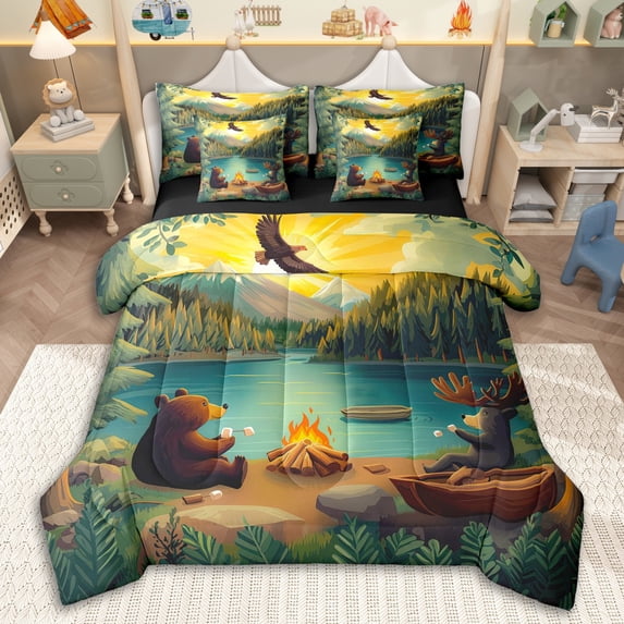 Erosebridal Kawaii Animal Bear Deer Bedding Comforter Set 7pcs for Boys Girls,Kids Teens Lake Life Happy Camping Queen Bedding Sets,Black Reversible,Microfiber Bedroom Decor
