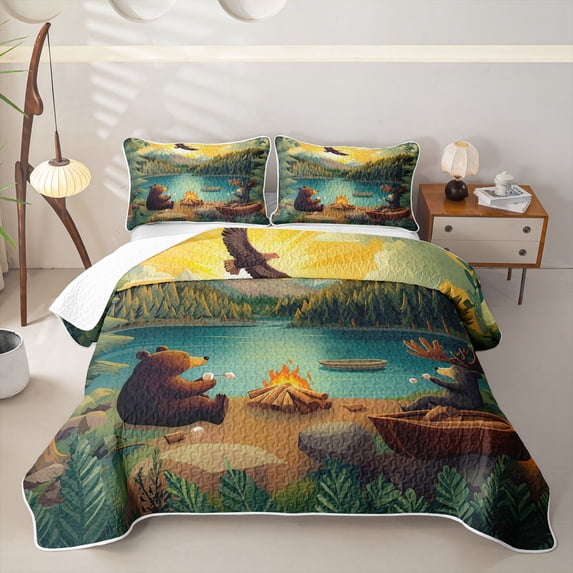 Erosebridal Kawaii Animal Bear Deer Twin Quilt Set for Boys Girls,Teens Lake Life Happy Camping Twin Coverlet Set