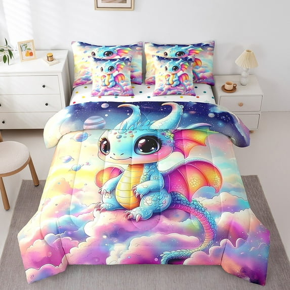 Erosebridal Kawaii Animal Bedding Sets Twin Size, Cartoon Dragon Comforter Sets with Sheets, Colorful Cloud Decor, Reversible 7pcs