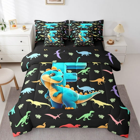 Erosebridal Kawaii Animal Bedding Sets Twin Size, Cute Dinosaur Comforter Sets with Sheets, Initial F Letter Reversible Bed Set, Ultra Soft Room Decorative, 7-Piece