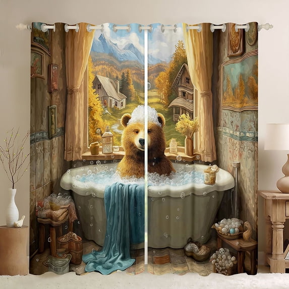 Erosebridal Kawaii Animal Brown Bear Curtains Pack of 2 (42x84 Each) For Boys Girls,Autumn Jungle Cottage Curtains Blackout For Kids Teens