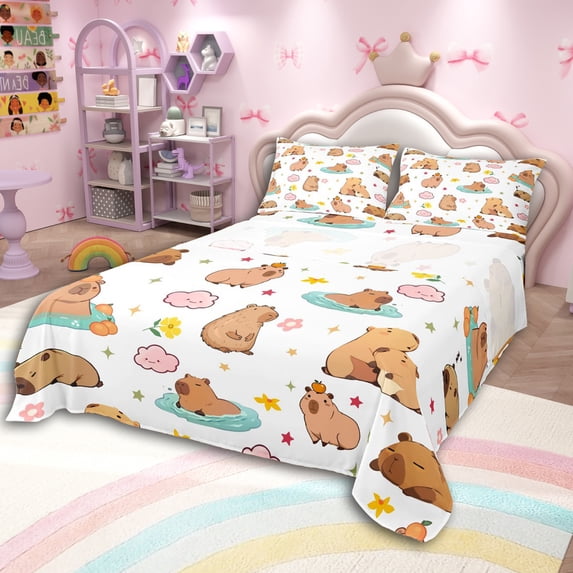 Erosebridal Kawaii Animal Capybara Bed Sheets 4pcs For Boys Girls,Kids Groovy Flowers King Sheets,Microfiber Bedroom Decor
