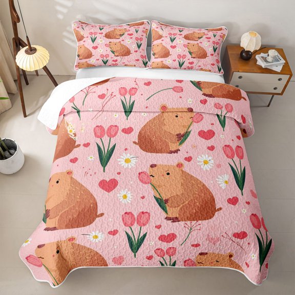 Erosebridal Kawaii Animal Capybara Bed Spread Queen,Floral Daisy Pink Tulip Queen Coverlet Set for Boys Girls