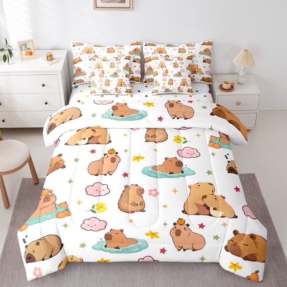 Erosebridal Kawaii Animal Capybara Bedding Comforter Set 7pcs For Boys Girls,Kids Groovy Flowers Queen Bedding Sets,Microfiber Bedroom Decor