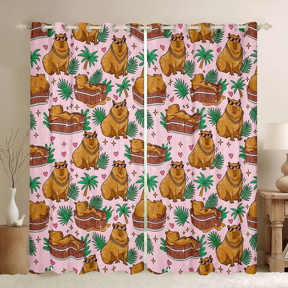 Erosebridal Kawaii Animal Capybara Black Out Curtains For Boys Girls,Kids Palm Tree Summer Holiday Curtains Pack of 2 (42x63 Each),Luxury Bedroom Decor