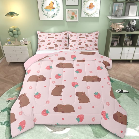 Erosebridal Kawaii Animal Capybara Queen Comforter Set 3pcs For Child Boys Girls,Kids Cute Flowers Strawberry Bedding Comforter Set,Pink Reversible