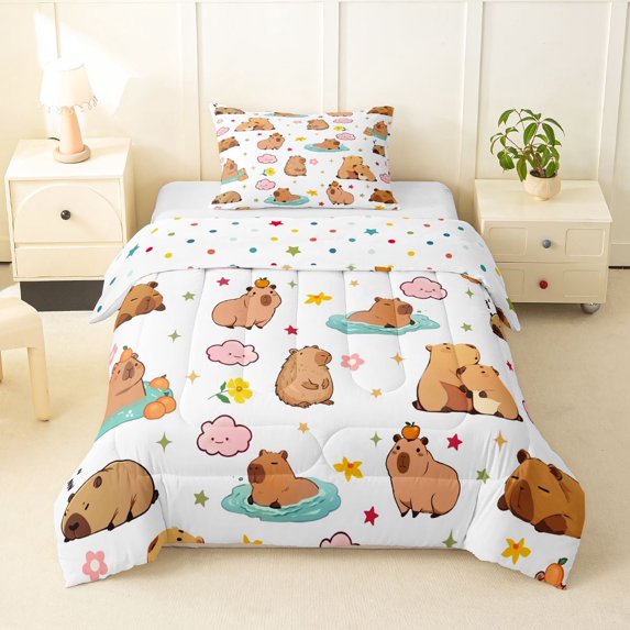 Erosebridal Kawaii Animal Capybara Twin Comforter Sets 3-Piece For Boys Girls,Kids Groovy Flowers Bedding Set,Microfiber Bedroom Decor