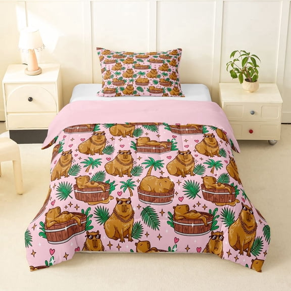 Erosebridal Kawaii Animal Capybara Twin Comforter Sets 3-Piece For Boys Girls,Kids Palm Tree Summer Holiday Bedding Set,Pink Reversible