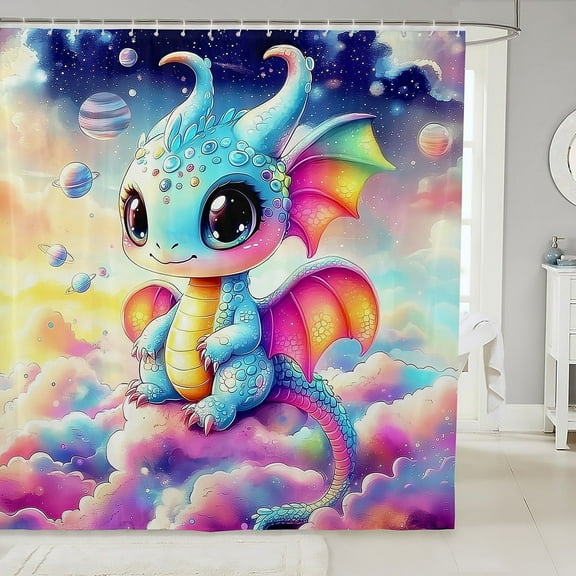 Erosebridal Kawaii Animal Shower Curtain 72x72, Cartoon Dragon Bath Curtain, Colorful Cloud Decor, Waterproof