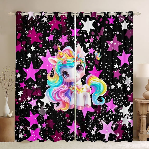 Erosebridal Kawaii Animal Unicorn Black Out Curtains For Girls Boys,Kids Stars Print Curtains Pack of 2 (42x63 Each),Black Pink