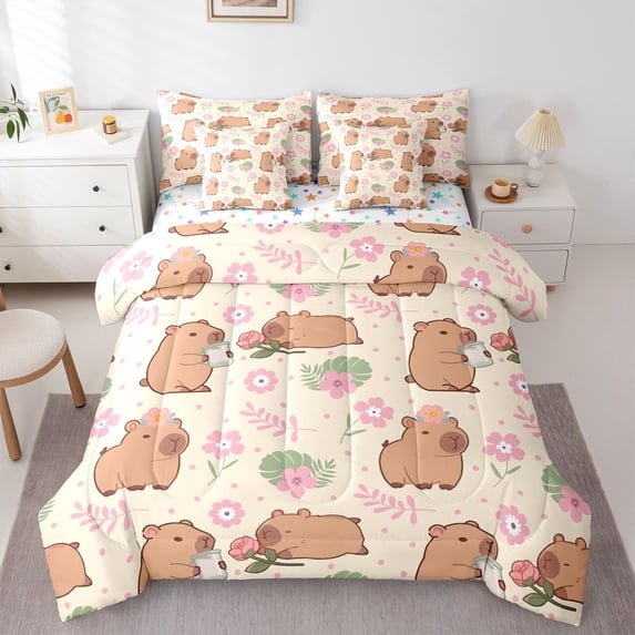 Erosebridal Kawaii Animals Capybara 7 Pieces Bedding Comforter Set,Rodent Animal Theme Pink Flowers Full Bedding Set For Kids Girls Reversible