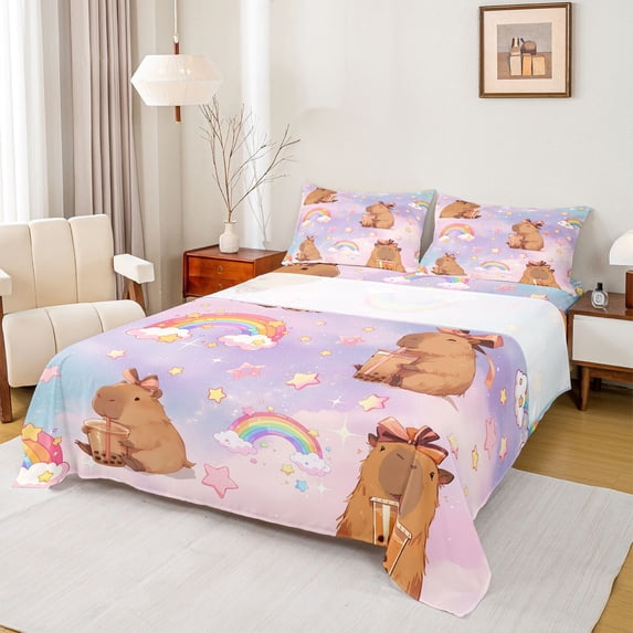 Erosebridal Kawaii Animals Capybara Full Size Sheets,Pink Bow Stars Cute Rainbow Bed Sheets For Kids Girls 4-Piece