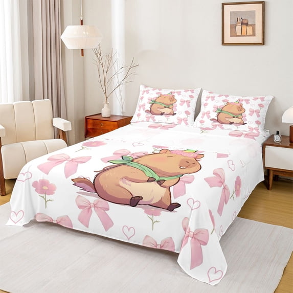 Erosebridal Kawaii Animals Capybara Queen Sheet Sets,Ribbon Bow Knot Print Bed Set For Kids Girls 4-Piece
