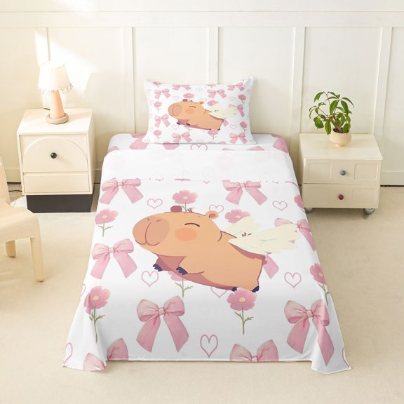 Erosebridal Kawaii Animals Capybara Twin Sheet Sets,Cute Rodent Animal Bedding For Kids Girls 3 Pieces