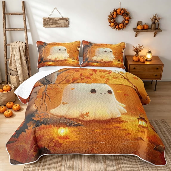 Erosebridal Kawaii Autumn Ghost Quilt King, Boho Fall Foliage King Coverlet Set for Boys Girls, Orange Yellow Cream, 3-Piece 1 Bedspread and 2 Pillowcases