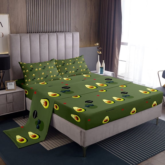 Erosebridal Kawaii Avocado Bed Sheets King,Cartoon Fruit Bedding King Size,Love Heart Print Sheet Set King,Super Cozy Cute Room Decoration,4 Pieces