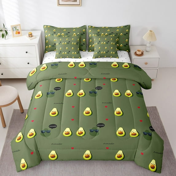 Erosebridal Kawaii Avocado Bedding Queen Size,Cartoon Fruit Comforter Sets with Sheets,Love Heart Print Bedding Sets Queen Size,Super Cozy Cute Room Decoration,Reversible,7 Pieces