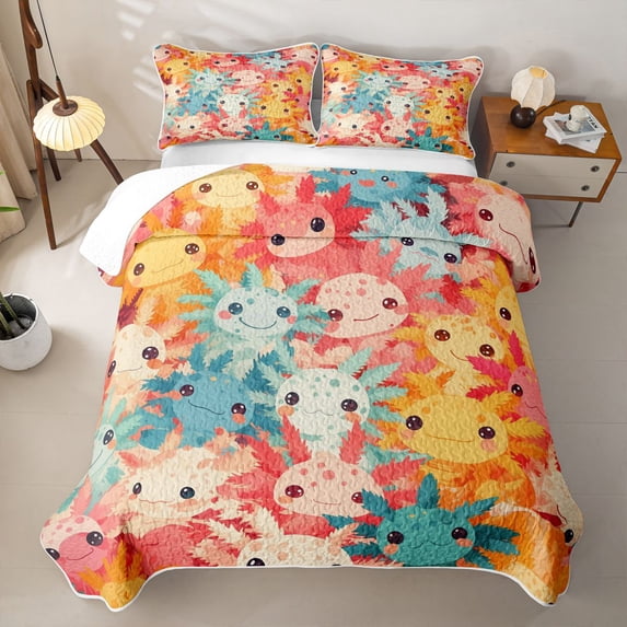 Erosebridal Kawaii Axolotl Bed Spread Queen,Colorful Ocean Animals Queen Coverlet Set For Girls,3-Piece