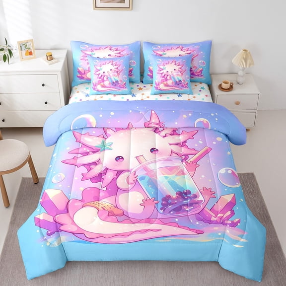 Erosebridal Kawaii Axolotl Bed in a Bag Full size,Cartoon Animal Bed Set,Salamander Decor,Reversible,Lightweight,7 Pieces