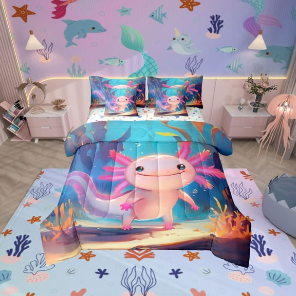 Erosebridal Kawaii Axolotl Bed in a Bag Twin size, Blue Pink Bed Set, Lake Lotus Reversible Bedding Twin Size, Ultra Soft Bedroom Decoration, 7-Piece