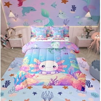 Erosebridal Kawaii Axolotl Bed in a Bag Twin size, Blue Pink Bed Set, Ocean Coral Reversible Bedding Twin Size, Breathable Room Decor, 7 Pieces