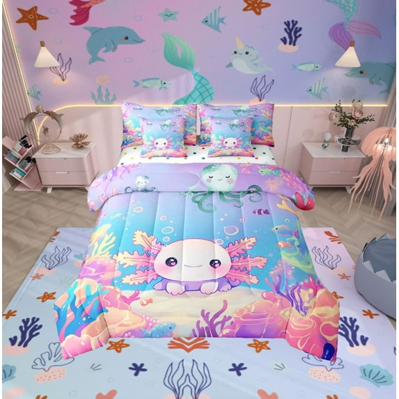 Erosebridal Kawaii Axolotl Bed in a Bag Twin size, Blue Pink Bed Set, Ocean Coral Reversible Bedding Twin Size, Breathable Room Decor, 7 Pieces