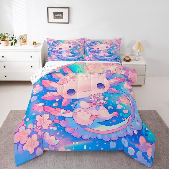 Erosebridal Kawaii Axolotl Bedding Sets Queen with Comforter , Cherry Blossoms Room Decor, 3pcs